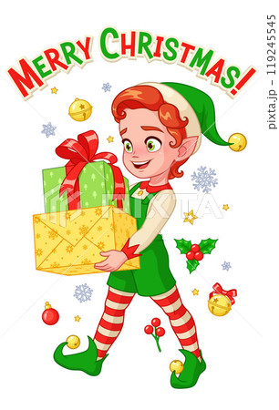 Cute little Elf carrying Christmas gifts. Santas little helper greeting card with vector illustration. Cute little Elf carrying Christmas gifts. Santas little helper greeting card with vector illustration. 119245545