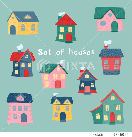 Set of colorful children's houses. Vector illustration in flat style isolated on a white background. Set of colorful children's houses. Vector illustration in flat style isolated on a white background. 119246035