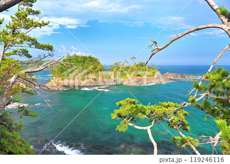 東北・気仙沼大島・龍舞崎・乙姫窟の前にある荒々しい外観の小島・宮城県気仙沼市(1) 119246116
