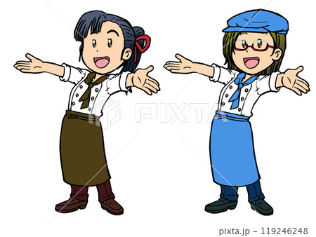 笑顔で両手を広げるコックコートの女性4 笑顔で両手を広げるコックコートの女性4 119246248