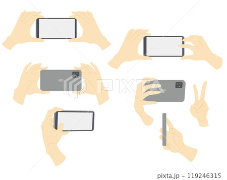 スマホのカメラを操作する手のイラスト素材カラー線少なめタイプセット 119246315