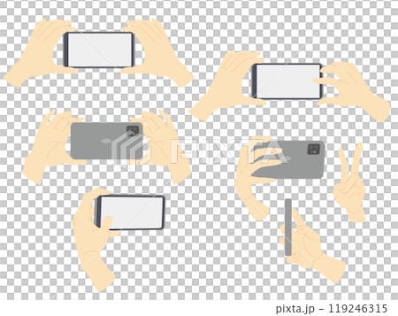スマホのカメラを操作する手のイラスト素材カラー線少なめタイプセット 119246315