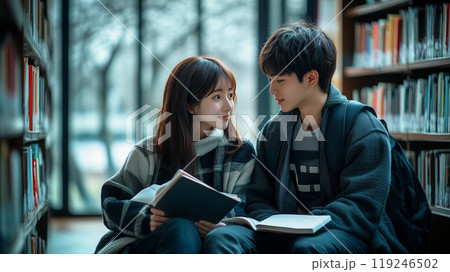 図書館で調べもの中、見つめ合う男女の学生 図書館で調べもの中、見つめ合う男女の学生 119246502