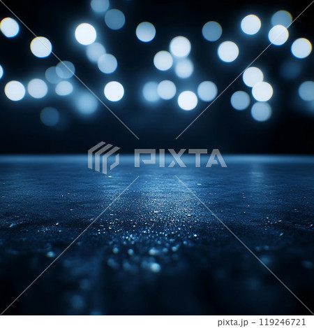 紺色背景に銀色の丸いボケライトと床がある祝祭的な正方形テンプレート。AI生成画像 119246721