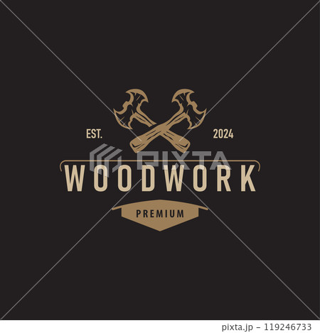 carpenter wood logo design silhouette vintage woodwork tools axe and wood simple illustration template 119246733