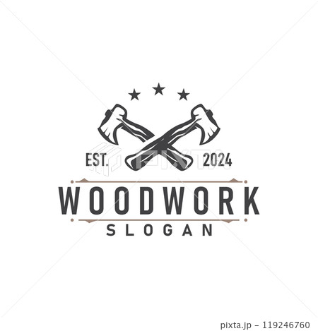 carpenter wood logo design silhouette vintage woodwork tools axe and wood simple illustration template 119246760