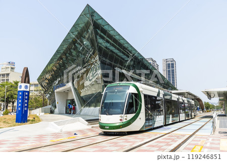 View of the circular light rail train driving past the TRA Museum of Fine Arts station in Kaohsiung, Taiwan. 119246851