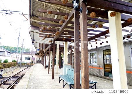 水間鉄道の終点　水間観音駅のホームに電車が停まっている風景　大阪府貝塚市水間 119246903