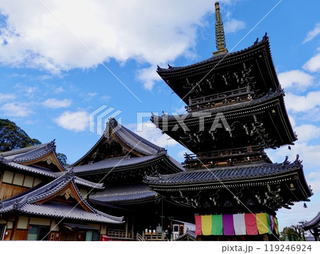 水間寺（水間観音）の三重塔と本堂が見える境内の風景　大阪府貝塚市水間 119246924