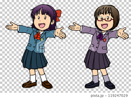 Smiling girl in school uniform spreading her arms 7 Smiling girl in school uniform spreading her arms 7 119247029