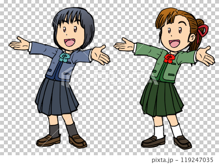 A girl in a school uniform smiling and spreading her arms 2 119247035