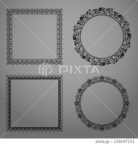 Set of decorative frames Elegant vector element for design in Eastern style, place for text. Floral black and white borders. Lace illustration for invitations and greeting cards. 119247151