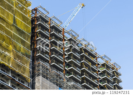 Low-angle view of cranes and steel structures of building construction with a blue sky background. 119247231