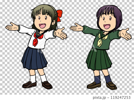 10 girls in sailor suits smiling and spreading their arms 119247253