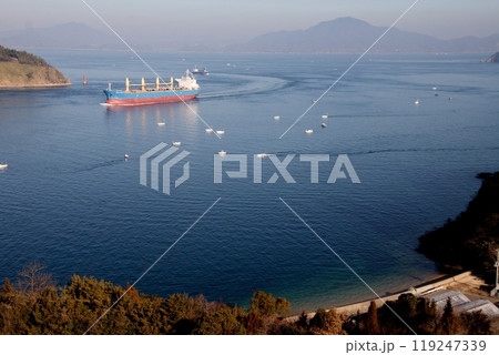 来島海峡大橋から望む斎灘と来島海峡と貨物船 119247339