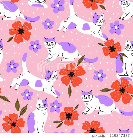 Seamless pattern with cute cats and flowers. Vector graphics. Seamless pattern with cute cats and flowers. Vector graphics. 119247387