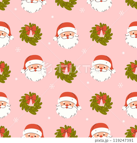 Christmas seamless pattern with wreaths and Santa Claus faces. Vector graphics. 119247391