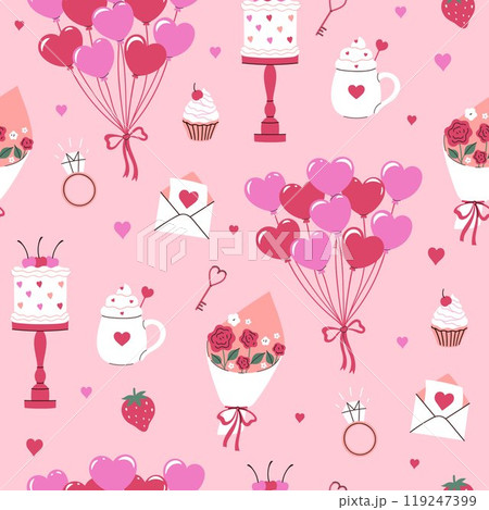 Valentine s day seamless pattern with different items. Vector graphics. 119247399