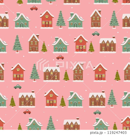 Christmas seamless pattern with winter houses and fir trees on a pink background. Vector graphics. 119247403