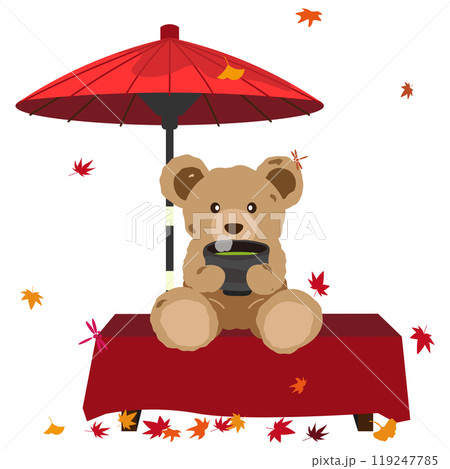 紅葉の季節に茶屋でお抹茶をいただくクマのぬいぐるみのベクターイラスト 紅葉の季節に茶屋でお抹茶をいただくクマのぬいぐるみのベクターイラスト 119247785