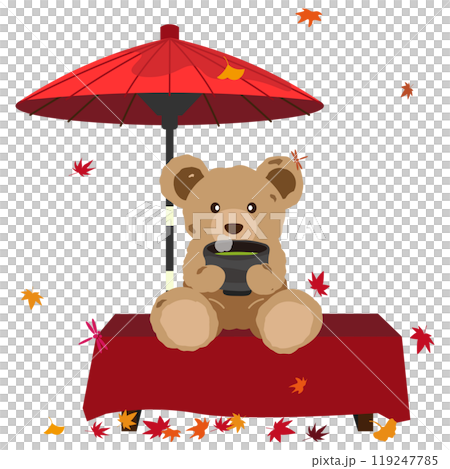 紅葉の季節に茶屋でお抹茶をいただくクマのぬいぐるみのベクターイラスト 紅葉の季節に茶屋でお抹茶をいただくクマのぬいぐるみのベクターイラスト 119247785