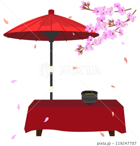 桜の季節、野点傘と床几台のベクターイラスト 119247787