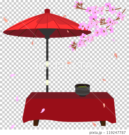 桜の季節、野点傘と床几台のベクターイラスト 119247787