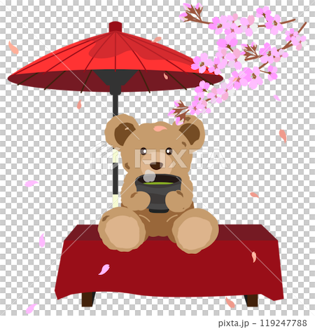 お花見をしながらお抹茶をいただくクマのぬいぐるみのベクターイラスト 119247788
