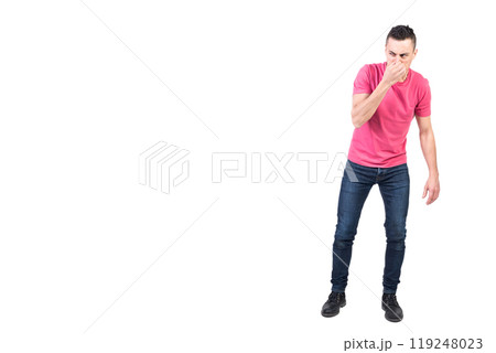 Man plugging nose from bad smell. White background 119248023