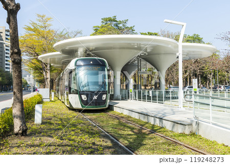 The circular light rail train drives past the Neiwei Arts Center station in Kaohsiung, Taiwan. The circular light rail train drives past the Neiwei Arts Center station in Kaohsiung, Taiwan. 119248273