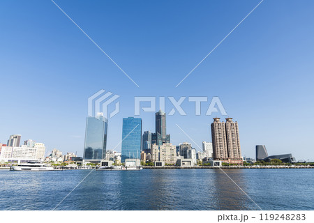 View of the modern building along the Glory Pier in the port of Kaohsiung, Taiwan. such as 85 Sky Tower and Kaohsiung Port Cruise Terminal. 119248283