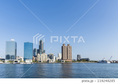 View of the modern building along the Glory Pier in the port of Kaohsiung, Taiwan. such as 85 Sky Tower and Kaohsiung Port Cruise Terminal. 119248285