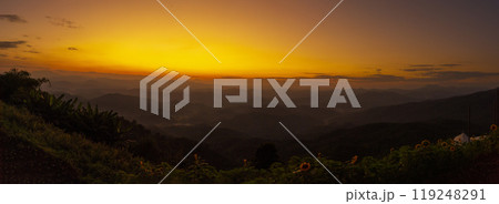 Banner Scenic view dramatic beautiful sunset sky. Panorama Natural Sunset Sunrise on meadow silhouette shadow dark land. Vibrant dramatic sky in Countryside. Landscape Sky At Sunset with copy space 119248291