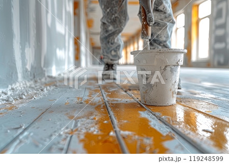 Builder paints the floor with a brush, dipping it into a bucket of paint 119248599