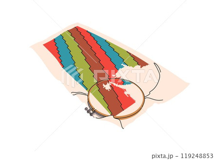 Embroidery hoops. Handmade needlework on canvas in frame rings. Needlecraft art. Colorful geometric pattern. Flat vector illustration of hand-made handicraft 119248853