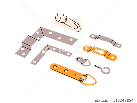 Set of picture frame hangers. Tools in framing workshop. Hidden metal fastenings, hooks in a flat style. Vector illustration 119248854