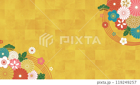 日本の正月背景デザイン／金箔と梅と菊と松 119249257