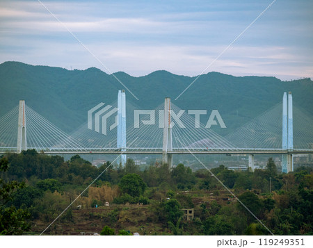 Two suspension bridge overlaped in the view in Chongqing city, China 119249351