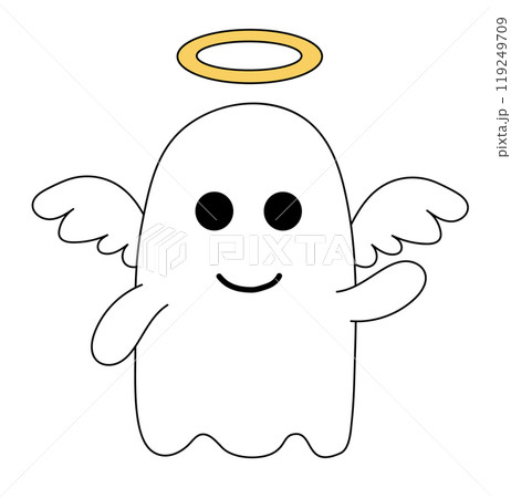 Cute Halloween ghost in costume Angel. Vector Flat Illustration. 119249709