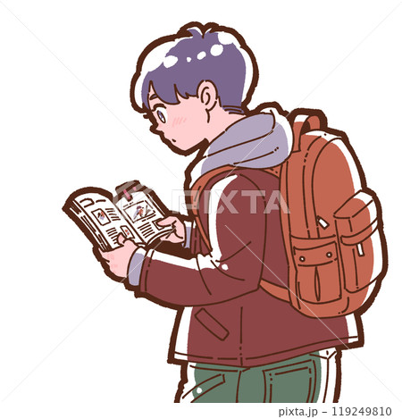バードウォッチングで図鑑を見る男の子のイラスト 119249810