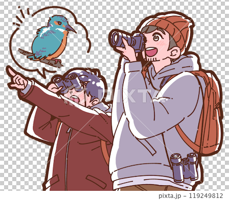 バードウォッチングをする親子のイラスト 119249812
