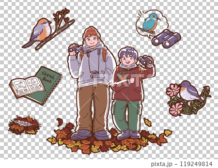 バードウォッチングをする親子のイラストセット 119249814