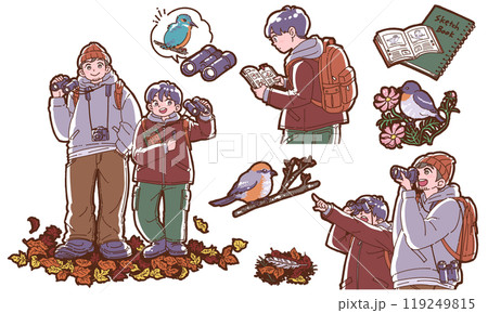 バードウォッチングをする親子のイラストセット 119249815