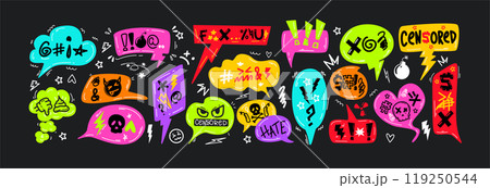 Doodle bright color speech bubbles or comic explosion boxes with insults, curses, aggression swearwords Doodle bright color speech bubbles or comic explosion boxes with insults, curses, aggression swearwords 119250544