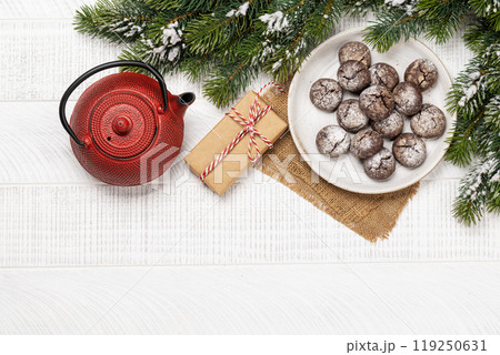 A festive assortment of Christmas cookies arranged on a plate 119250631
