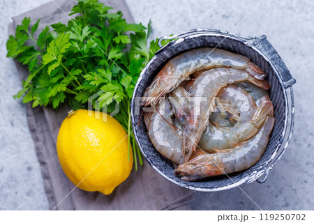 Fresh raw shrimps, accompanied by sprigs of fresh parsley and juicy lemon Fresh raw shrimps, accompanied by sprigs of fresh parsley and juicy lemon 119250702