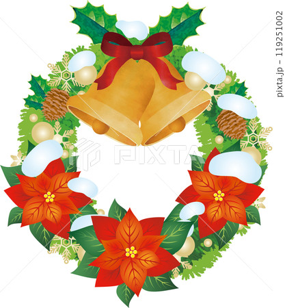 christmas クリスマスリース ベル 水彩 雪 ひいらぎ フレーム 飾り