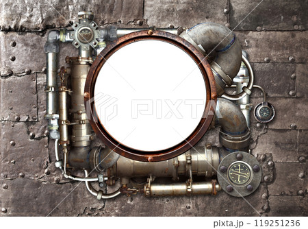 Metallic frame with vintage metal details, pipelines, gear, retro rivets. Isolated on white background. Mock up template. Copy space for text. Can be used for steampunk, industrial, mechanical design 119251236
