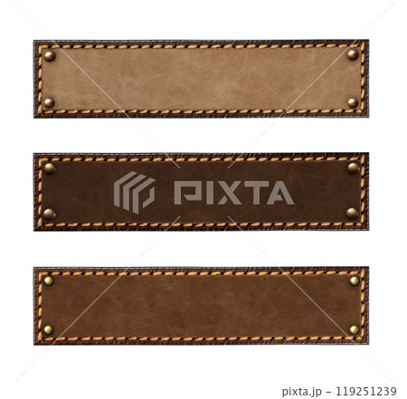 Set of leather belt of brown color. Collection of leather tags with decorative borders and bronze rivets. Isolated on white background 119251239