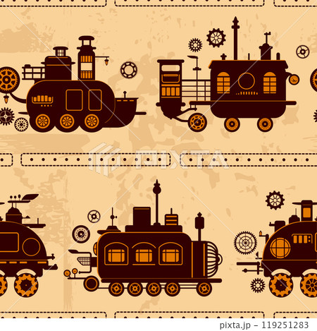 Seamless pattern with steam engine machines. Tiling pattern with steampunk style steam powered carriage silhouettes. Endless texture can be used for pattern fills, web page background, fabric texture 119251283